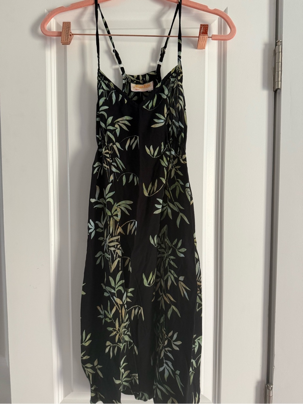 Black Mini Slip Dress with Green Botanical Print
